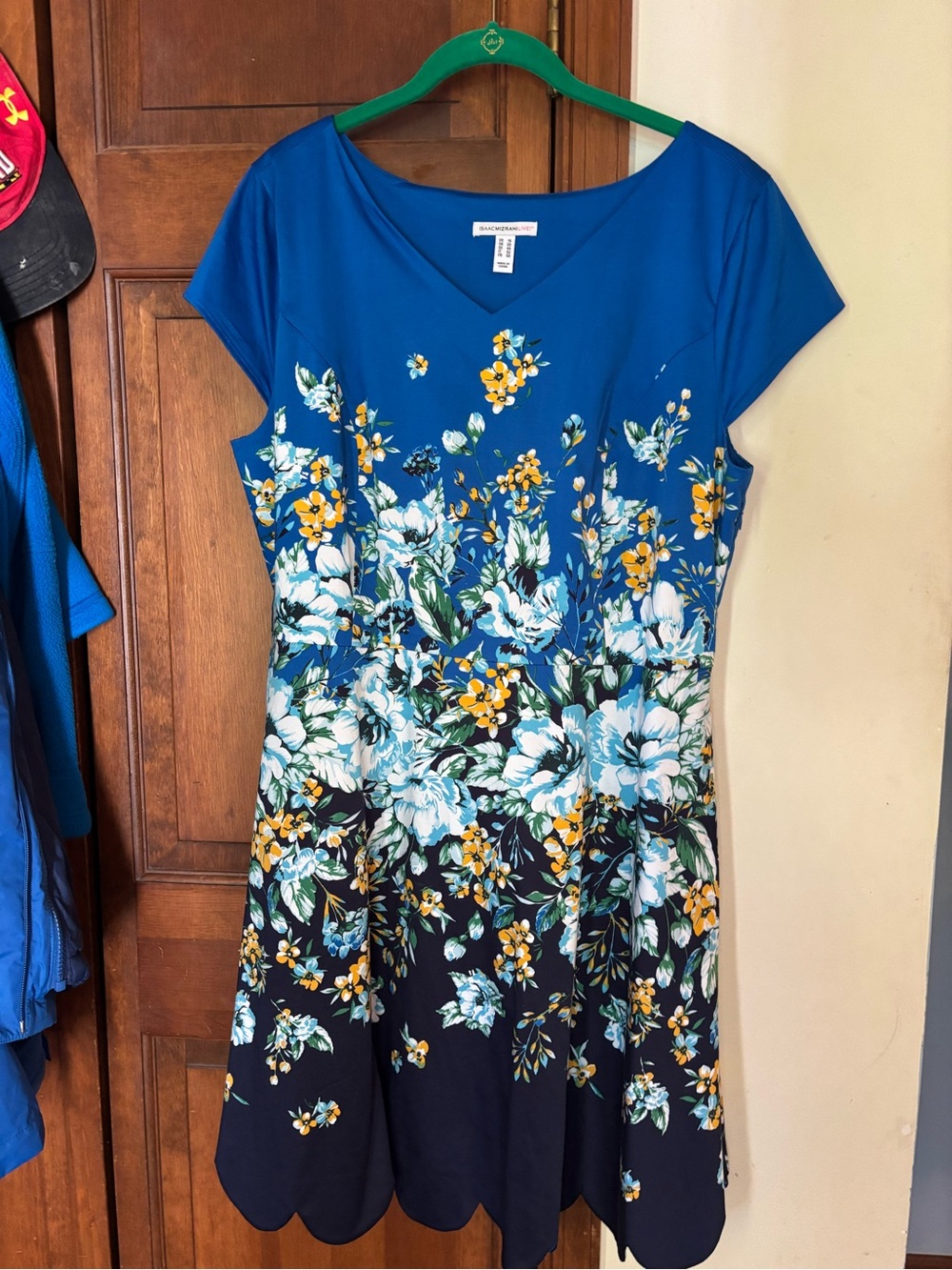 Chico's Blue Floral V-Neck Midi Dress with Yellow Accents